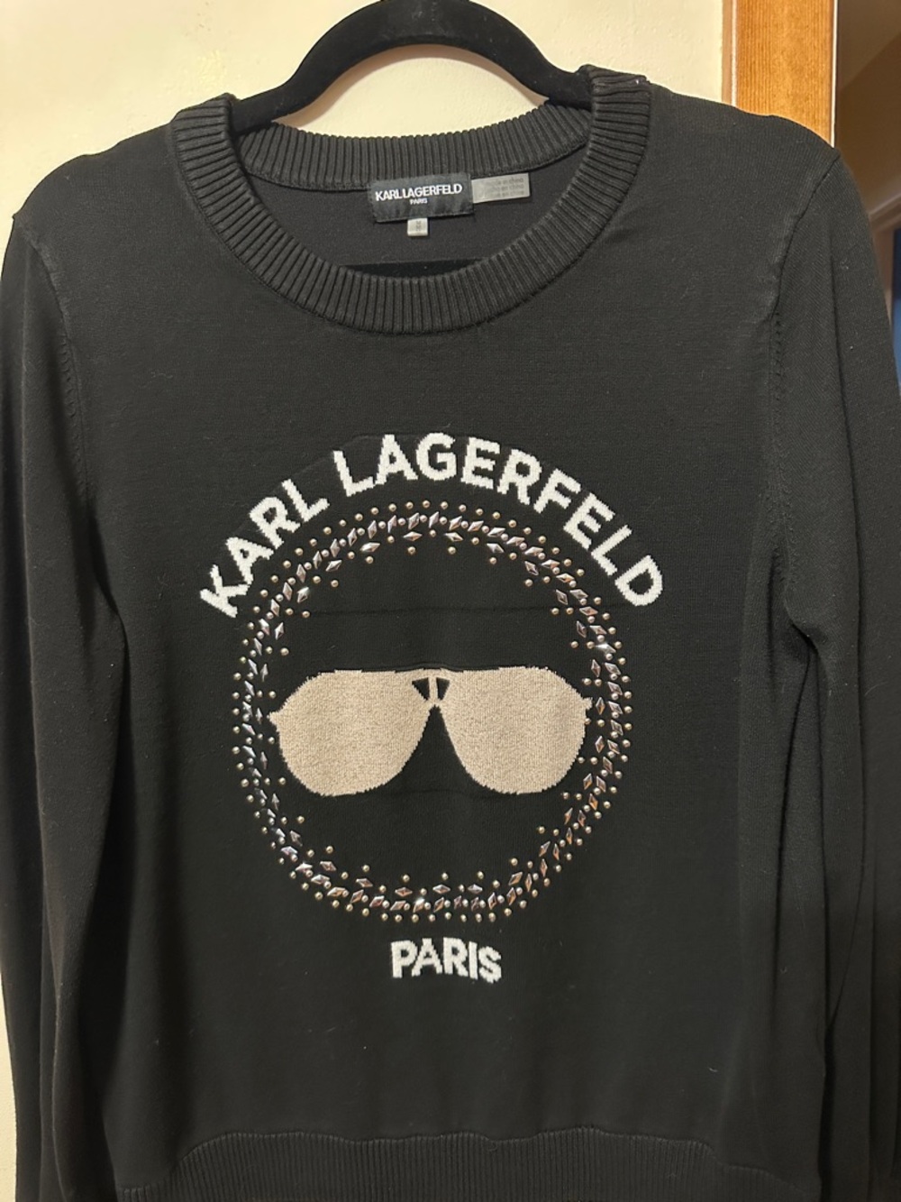 Karl Lagerfeld Black Sweater with Beige Logo and Silver Studs